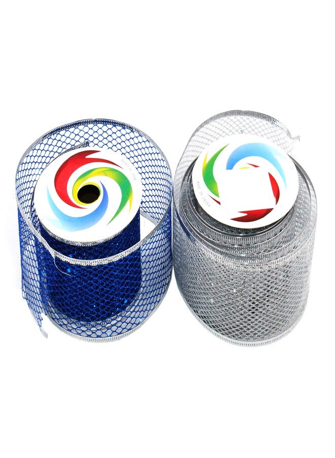 Jades : Christmas Mesh Glitter Ribbons - Set of 2 (Blue and Silver) - Image 1